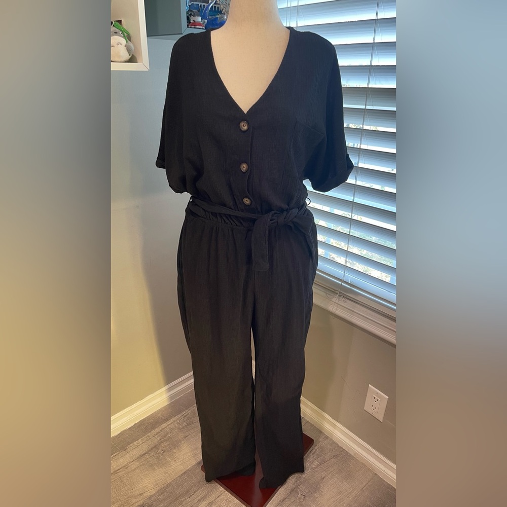 H&M Black Button-Front Tie-Waist Jumpsuit